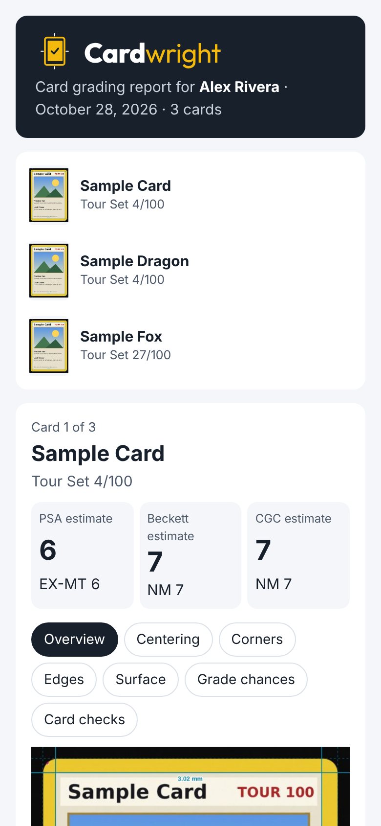 The customer's report on a phone: the Cardwright logo, the customer's name and date, and the first card's PSA 6, Beckett 7 and CGC 7 estimates with tabs for centering, corners, edges, surface, grade chances and card checks